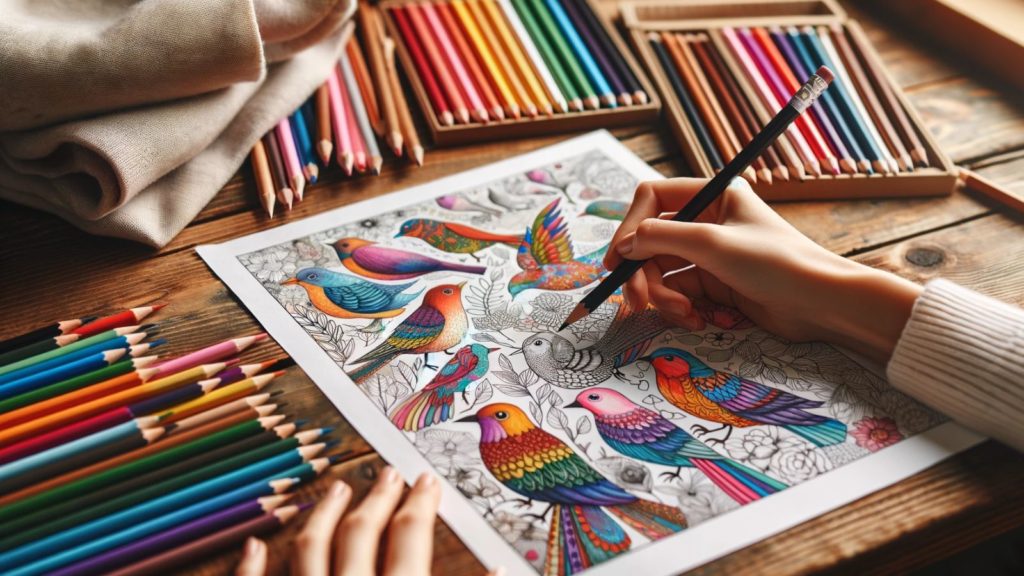 woman's hand coloring a page of birds