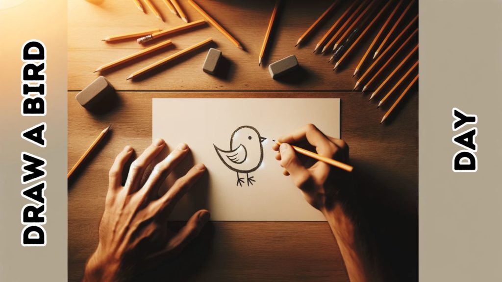 illustration of a man's hands holding a pencil and drawing a bird with pencils and erasers on the tabletop nearby