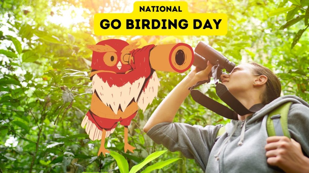 photo of woman using binoculars to watch birds in tree; cartoon of owl with telescope in center of image with words "national go birding day" at top of image
