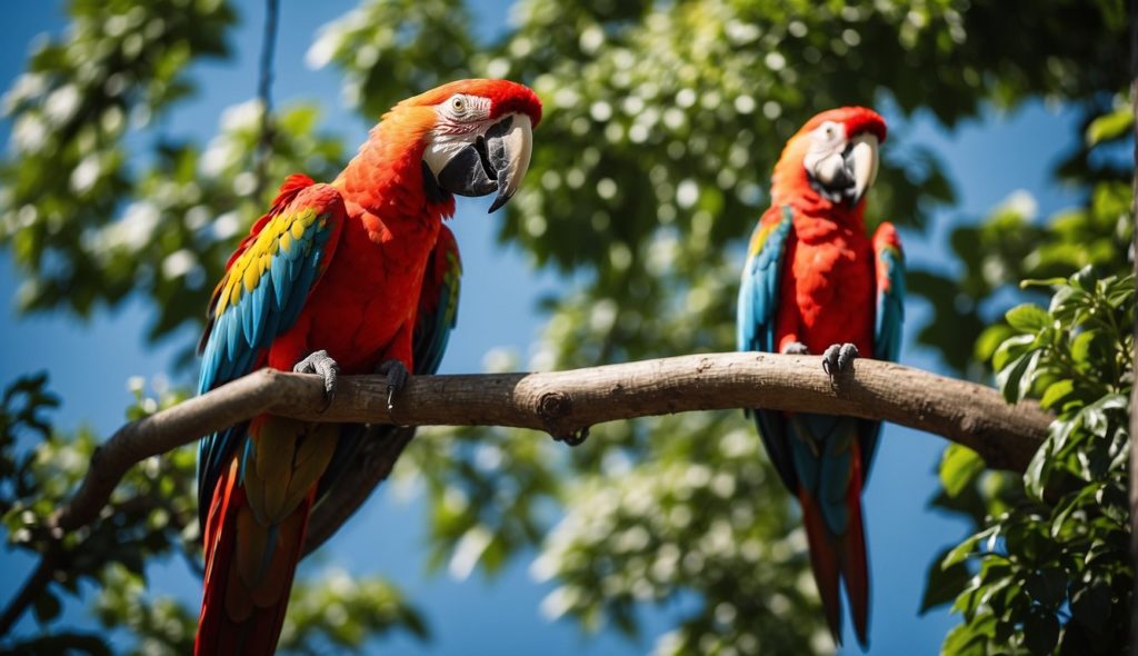 two Scarlet Macaws in tree