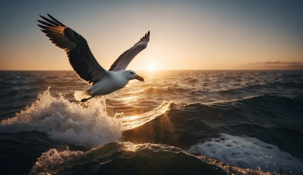 albatross flying over ocean at sunset
