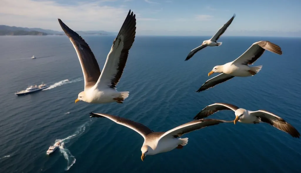 view of albatrosses flying over ocean with a ship in the distance