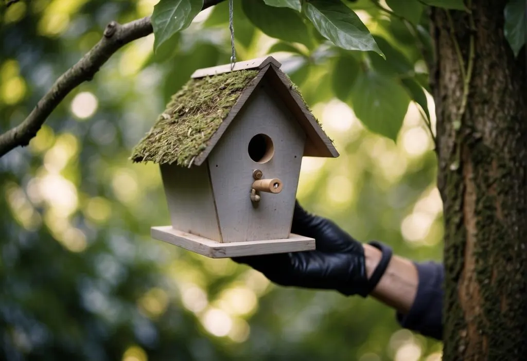 gloved hand removing a bird house from a tree limb