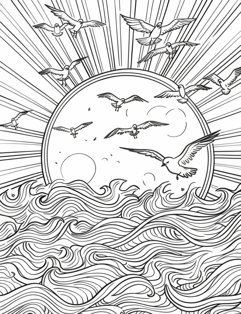 birds covering over sea during solar eclipse coloring page